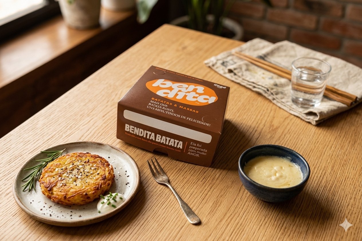 Embalagem personalizada Bendita Batata — caixa para delivery de batatas e massas